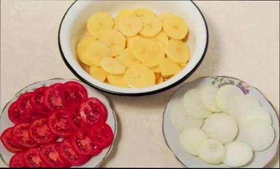 чистим лук, нарезаем его, а так же помытые томаты кольцами